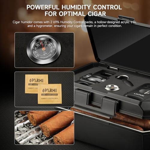 Caja Humidor de Viaje LIHTUN y Set de Accesorios para Puros, Estuche Portátil con 2 Cortadores, 1 Perforador, Higrómetro, Regalo de Caja Humidor - imagen 4