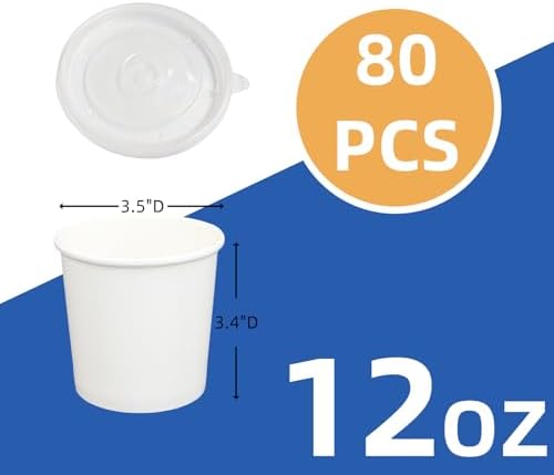 FISDEN 80 Piezas de Contenedores de Papel para Comida con Tapa, Tazones de Papel Kraft de 12 Oz, Desechables para Helado o Yogur - imagen 2