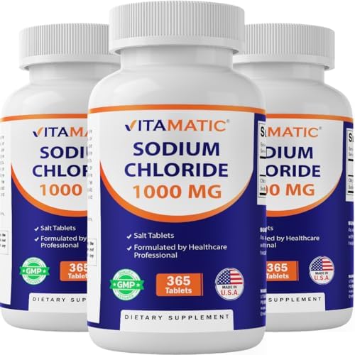 Vitamatic Cloruro de Sodio 1000mg – 365 Tabletas Reponedor de Electrolitos y Soporte de Hidratación – Sin OGM, Sin Gluten - 3 Botellas - imagen 1