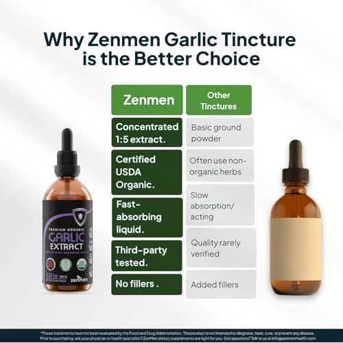 Extracto de Ajo Orgánico Zenmen (Tintura Sin Olor) - Apoyo Inmunológico, Fuente de Antioxidantes - 2.32 oz / 60ml, Vegano, Fabricado en EE. UU. - imagen 7