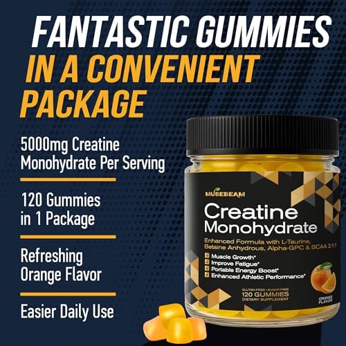 Gomitas de Creatina Monohidratada 5000mg Musebeam - con L-Taurina, Betaína Anhidra, Alpha-GPC y BCAA 2:1:1 - Sin Azúcar, Sin Gluten para Hombres y - imagen 3