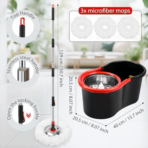 Set de Mop y Cubeta con Escurridor, Sistema de Mop Giratorio 360° con 3 Cabezas de Repuesto de Microfibra y Mango Ajustable de Acero Inoxidable de 51 - imagen 2