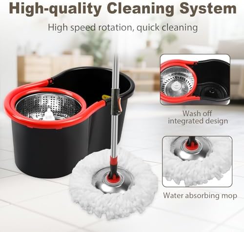 Set de Mop y Cubeta con Escurridor, Sistema de Mop Giratorio 360° con 3 Cabezas de Repuesto de Microfibra y Mango Ajustable de Acero Inoxidable de 51 - imagen 4