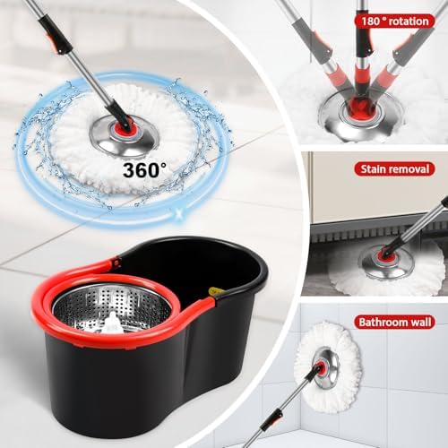 Set de Mop y Cubeta con Escurridor, Sistema de Mop Giratorio 360° con 3 Cabezas de Repuesto de Microfibra y Mango Ajustable de Acero Inoxidable de 51 - imagen 6