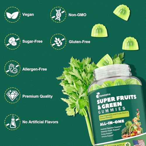 Gomitas Femmetra 61 en 1 Supergreens Diarias para Mujeres y Hombres, Multivitamínico con Probióticos, Sin Azúcar, Sabor Manzana Verde, 60 Piezas - imagen 6