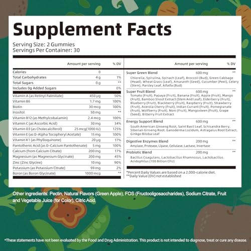 Gomitas Femmetra 61 en 1 Supergreens Diarias para Mujeres y Hombres, Multivitamínico con Probióticos, Sin Azúcar, Sabor Manzana Verde, 60 Piezas - imagen 8