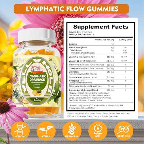 Gomitas Well&Whole para Drenaje Linfático, Suplementos con Equinácea, Diente de León y Bardana, 60 Gomitas Veganas, Apoyo al Sistema Linfático y - imagen 2