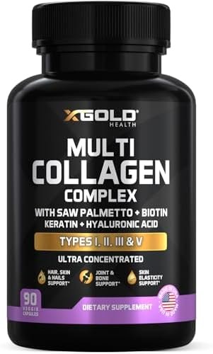 Complejo de Colágeno X Gold Health, Tipos I, II, III, V, Biotina 10,000 mcg, Queratina, Ácido Hialurónico, Palma Enana, Vitaminas C y E - 90 Cápsulas - imagen 1