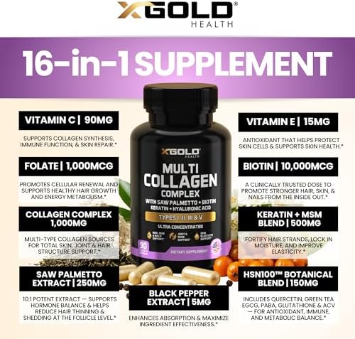 Complejo de Colágeno X Gold Health, Tipos I, II, III, V, Biotina 10,000 mcg, Queratina, Ácido Hialurónico, Palma Enana, Vitaminas C y E - 90 Cápsulas - imagen 5