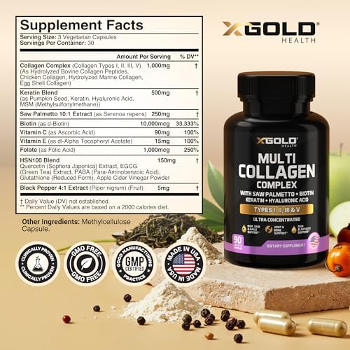 Complejo de Colágeno X Gold Health, Tipos I, II, III, V, Biotina 10,000 mcg, Queratina, Ácido Hialurónico, Palma Enana, Vitaminas C y E - 90 Cápsulas - imagen 6