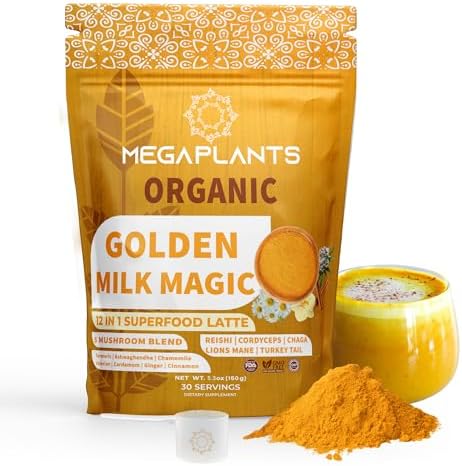 MEGAPLANTS Golden Milk Magic | Polvo de Latte Superfood 12 en 1 con Hongos Adaptógenos para Dormir y Relajación | Cúrcuma y Ashwagandha | Smoothies, - imagen 1