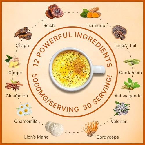 MEGAPLANTS Golden Milk Magic | Polvo de Latte Superfood 12 en 1 con Hongos Adaptógenos para Dormir y Relajación | Cúrcuma y Ashwagandha | Smoothies, - imagen 2