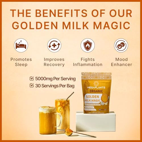 MEGAPLANTS Golden Milk Magic | Polvo de Latte Superfood 12 en 1 con Hongos Adaptógenos para Dormir y Relajación | Cúrcuma y Ashwagandha | Smoothies, - imagen 4