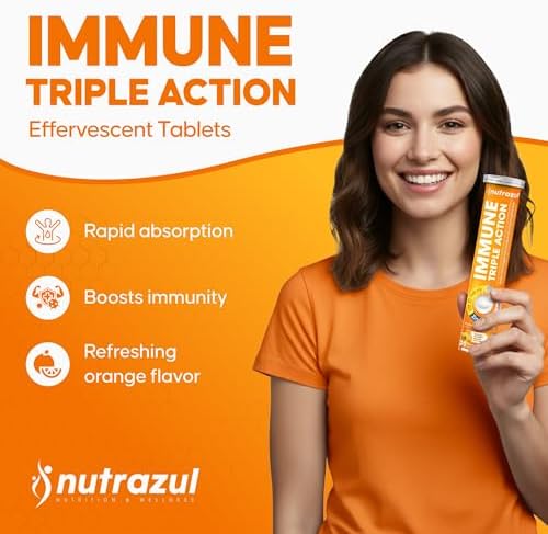 Tabletas Efervescentes Nutrazul Inmunidad Triple Acción con Vitamina C 1000mg, D, Zinc, Sin Gluten, Sin Azúcar, Sin Lactosa, Sabor Naranja, 20 - imagen 2