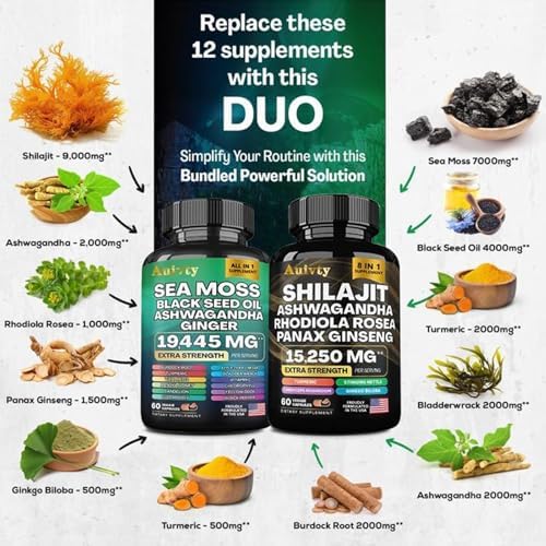 Paquete de Bienestar Herbal Auivty – Complejo de Musgo Marino 19,445mg + Complejo de Shilajit 15,250mg – Suplemento Extra Fuerte 2 en 1 con - imagen 3