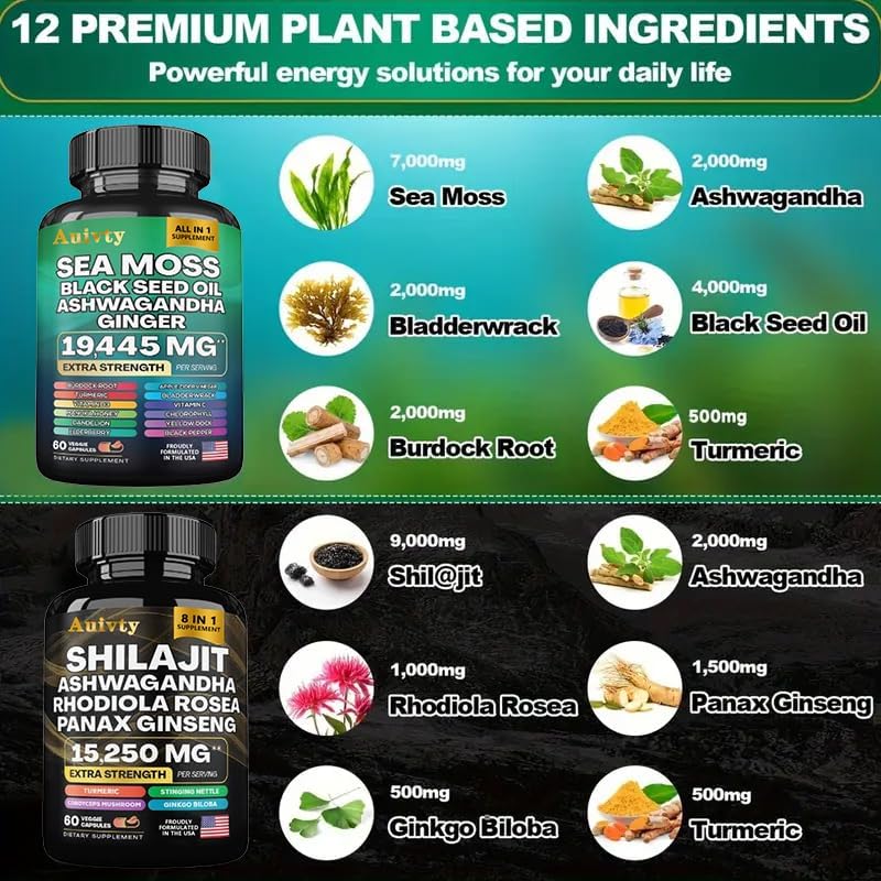 Paquete de Bienestar Herbal Auivty – Complejo de Musgo Marino 19,445mg + Complejo de Shilajit 15,250mg – Suplemento Extra Fuerte 2 en 1 con - imagen 5