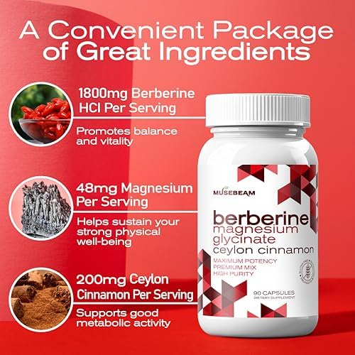 Suplemento de Berberina HCL y Magnesio Glicinato MuseBeam - Cápsulas de 1800mg de Alta Pureza con Canela de Ceilán - Vegano, No GMO, Sin Gluten y Sin - imagen 4