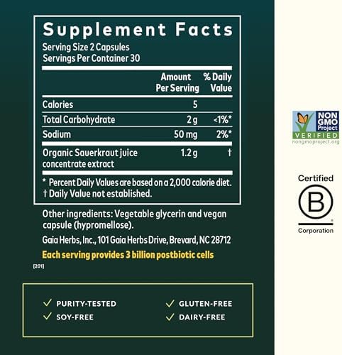 Suplemento Postbiótico Gaia Herbs de Sauerkraut - Apoyo Digestivo e Inmunológico - 60 Cápsulas Veganas Líquidas (30 Porciones) Sin Lácteos, Soja ni - imagen 3