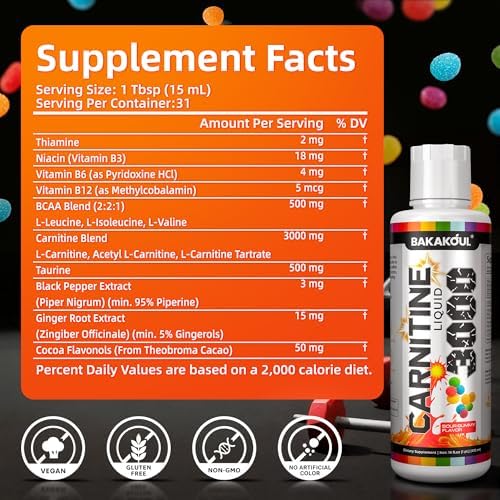 Suplemento Líquido de L-Carnitina 3000 mg con BCAA, Aumenta Energía y Soporte Muscular, Fórmula Eficiente con Acetil, Sabor Gummy Ácido - imagen 2