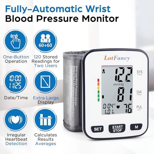 Monitor de Presión Arterial en Muñeca LotFancy para Uso en Casa, Automático, Ajustable 5.3”-8.5”, Pantalla LCD, 120 Memorias, 2 Usuarios, con Estuche - imagen 2
