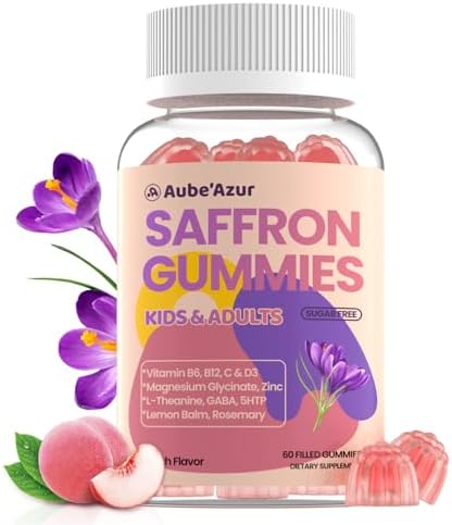 Gomitas de Azafrán Aube'Azur para Niños, Suplementos 15 en 1 con B6, B12, C, D3, Magnesio, Zinc, Sin Azúcar, Veganas, Sabor Durazno, 60 Unidades - imagen 1