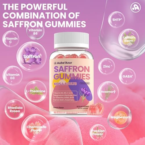 Gomitas de Azafrán Aube'Azur para Niños, Suplementos 15 en 1 con B6, B12, C, D3, Magnesio, Zinc, Sin Azúcar, Veganas, Sabor Durazno, 60 Unidades - imagen 3
