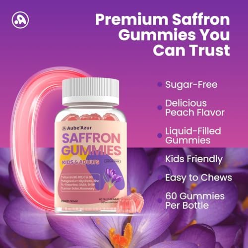 Gomitas de Azafrán Aube'Azur para Niños, Suplementos 15 en 1 con B6, B12, C, D3, Magnesio, Zinc, Sin Azúcar, Veganas, Sabor Durazno, 60 Unidades - imagen 8