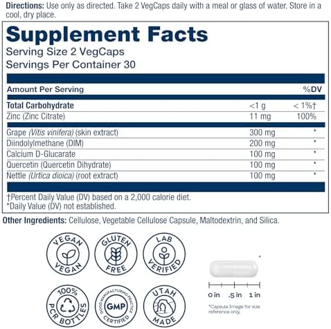 Suplemento DIM para Hombres SOLARAY - DIM 200mg para el Equilibrio Hormonal - Con Zinc y Quercetina - Vegano, Sin Gluten, 30 Porciones, 60 VegCaps - imagen 2