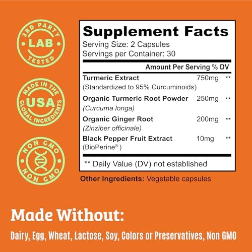 Cápsulas de Cúrcuma y Jengibre con Pimienta Negra, 1000mg, Alta Potencia 15X, Suplemento para Articulaciones, 60 Píldoras - imagen 2