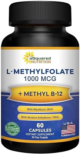 Suplemento de Folato Metilado aSquared Nutrition L Methylfolate Plus Methyl B12 - 1000 mcg de 5-MTHF y 1 mg de B-12 - 60 Cápsulas - imagen 1