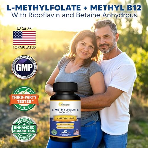 Suplemento de Folato Metilado aSquared Nutrition L Methylfolate Plus Methyl B12 - 1000 mcg de 5-MTHF y 1 mg de B-12 - 60 Cápsulas - imagen 2