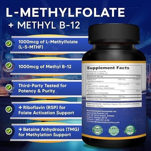 Suplemento de Folato Metilado aSquared Nutrition L Methylfolate Plus Methyl B12 - 1000 mcg de 5-MTHF y 1 mg de B-12 - 60 Cápsulas - imagen 4