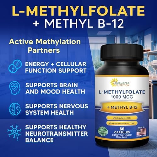 Suplemento de Folato Metilado aSquared Nutrition L Methylfolate Plus Methyl B12 - 1000 mcg de 5-MTHF y 1 mg de B-12 - 60 Cápsulas - imagen 7