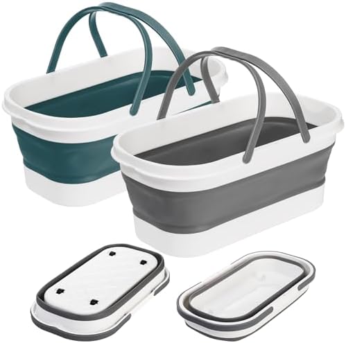 Cubeta Plástica Plegable Yesland con Ruedas, 12L (3.17 Gal) - 2 Piezas, Cubo Rectangular para Limpieza, Lavado de Autos, Pesca y Camping, Gris y Azul - imagen 1