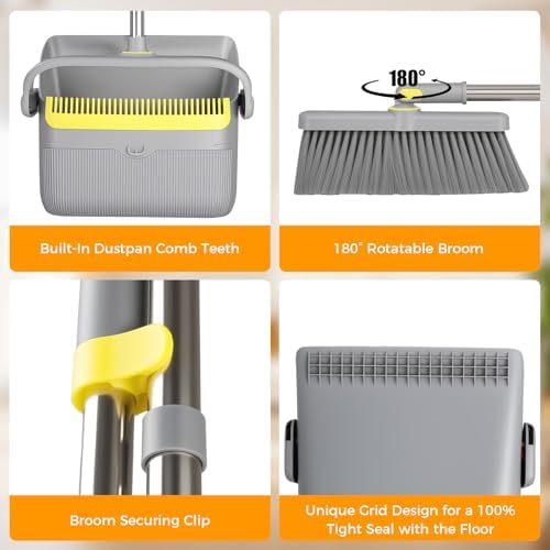 Juego de Escoba y Recogedor VACFAM Mejorado con Cabezal Rotatable 180°, Mango Ajustable de 61, Recogedor Autolimpiante, Ideal para Casa, Cocina y - imagen 5