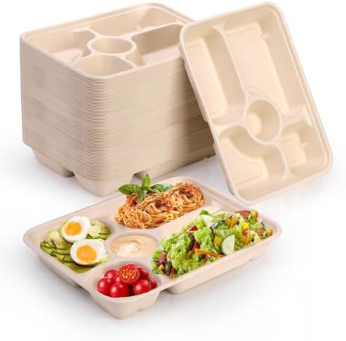 Eorbow 50 Piezas de Platos Desechables de Papel con 5 Compartimentos, Bandeja Escolar Compostable de 11 x 8, Platos de Caña de Azúcar Resistentes, - imagen 1