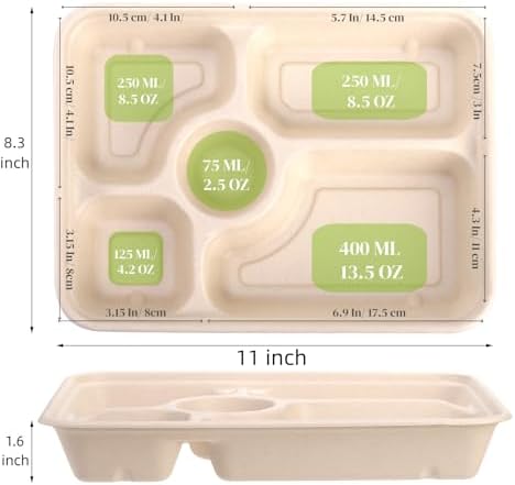 Eorbow 50 Piezas de Platos Desechables de Papel con 5 Compartimentos, Bandeja Escolar Compostable de 11 x 8, Platos de Caña de Azúcar Resistentes, - imagen 2