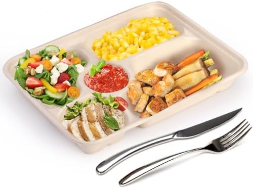 Eorbow 50 Piezas de Platos Desechables de Papel con 5 Compartimentos, Bandeja Escolar Compostable de 11 x 8, Platos de Caña de Azúcar Resistentes, - imagen 3