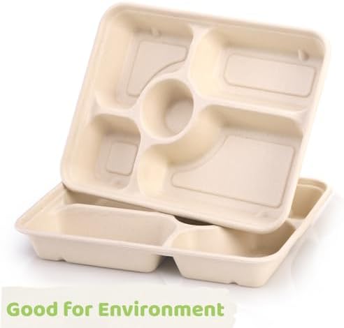 Eorbow 50 Piezas de Platos Desechables de Papel con 5 Compartimentos, Bandeja Escolar Compostable de 11 x 8, Platos de Caña de Azúcar Resistentes, - imagen 4