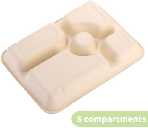 Eorbow 50 Piezas de Platos Desechables de Papel con 5 Compartimentos, Bandeja Escolar Compostable de 11 x 8, Platos de Caña de Azúcar Resistentes, - imagen 5