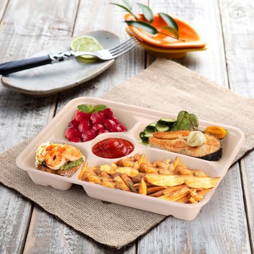 Eorbow 50 Piezas de Platos Desechables de Papel con 5 Compartimentos, Bandeja Escolar Compostable de 11 x 8, Platos de Caña de Azúcar Resistentes, - imagen 6
