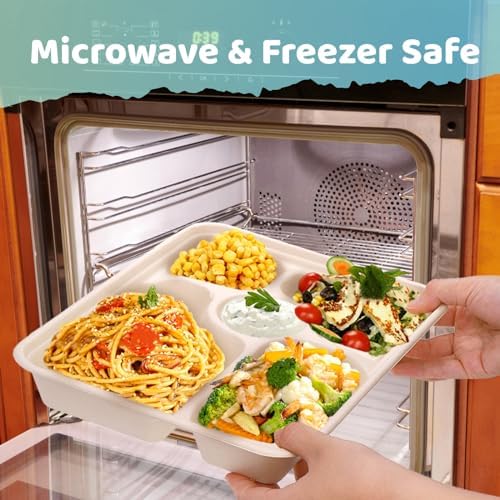 Eorbow 50 Piezas de Platos Desechables de Papel con 5 Compartimentos, Bandeja Escolar Compostable de 11 x 8, Platos de Caña de Azúcar Resistentes, - imagen 7