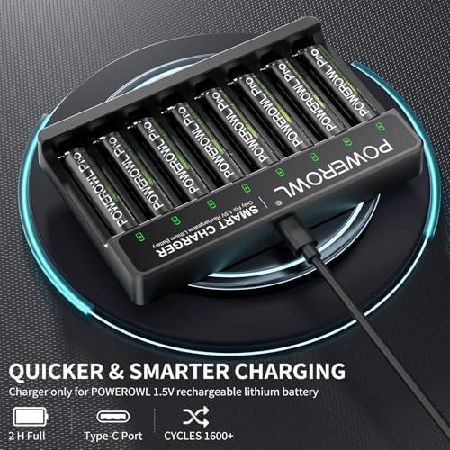 Baterías AAA Recargables POWEROWL 1.5V de Litio con Cargador, Paquete de 8 Baterías de 1300mWh y Cargador Rápido Tipo-C de 8 Ranuras - imagen 4