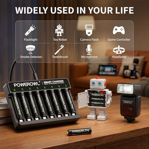 Baterías AAA Recargables POWEROWL 1.5V de Litio con Cargador, Paquete de 8 Baterías de 1300mWh y Cargador Rápido Tipo-C de 8 Ranuras - imagen 8