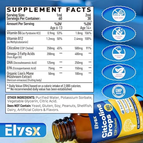Elysx Gotas Líquidas de Citicolina 500mg, Suplemento para Niños y Adultos, Apoyo para la Salud Cerebral y Concentración con Extracto de Melena de - imagen 2