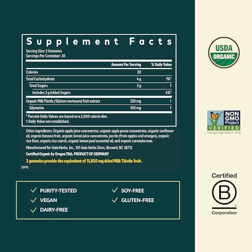 Gomitas de Cardo Mariano de Gaia Herbs - Suplemento Herbal con Antioxidantes para la Salud del Hígado - Sabor Limón - 60 Gomitas Veganas (30 - imagen 3