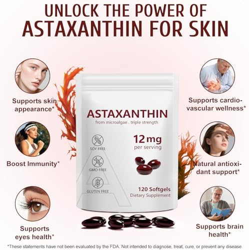 Suplementos de Astaxantina 12mg 120 Softgels, Antioxidante Premium, Triple Fuerza para la Piel, Apoya Ojos, Articulaciones, Cerebro, Corazón e - imagen 2