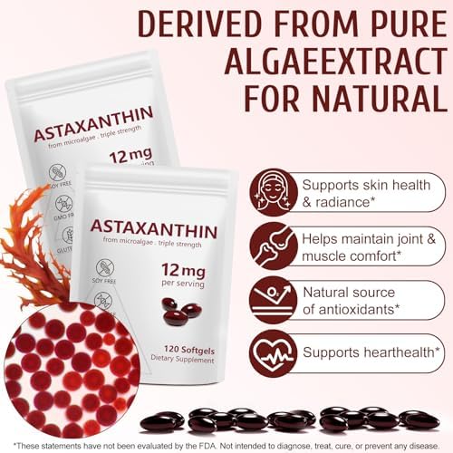 Suplementos de Astaxantina 12mg 120 Softgels, Antioxidante Premium, Triple Fuerza para la Piel, Apoya Ojos, Articulaciones, Cerebro, Corazón e - imagen 3
