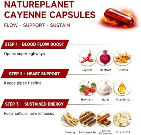 Cápsulas de Pimienta de Cayena Vascu Flow | Suplementos Orgánicos de Capsaicina con Betabel, Ashwagandha, Espino, Cúrcuma, Canela y Ginseng para - imagen 2
