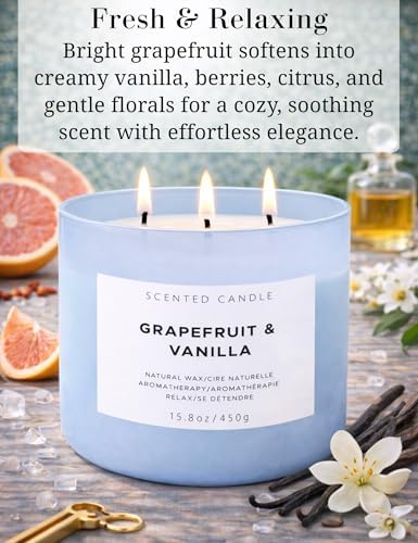 Vela Aromática de Pomelo y Vainilla de 3 Mechas | Vela Grande de 15.8 oz para el Hogar | Regalo de Vela de Lujo con Aroma a Cítricos y Vainilla - imagen 2